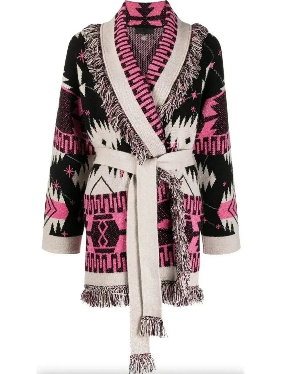 Cosmic-Pattern Fringed-Edge Cardigan