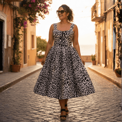 Cotton midi summer dress in grey leopard print