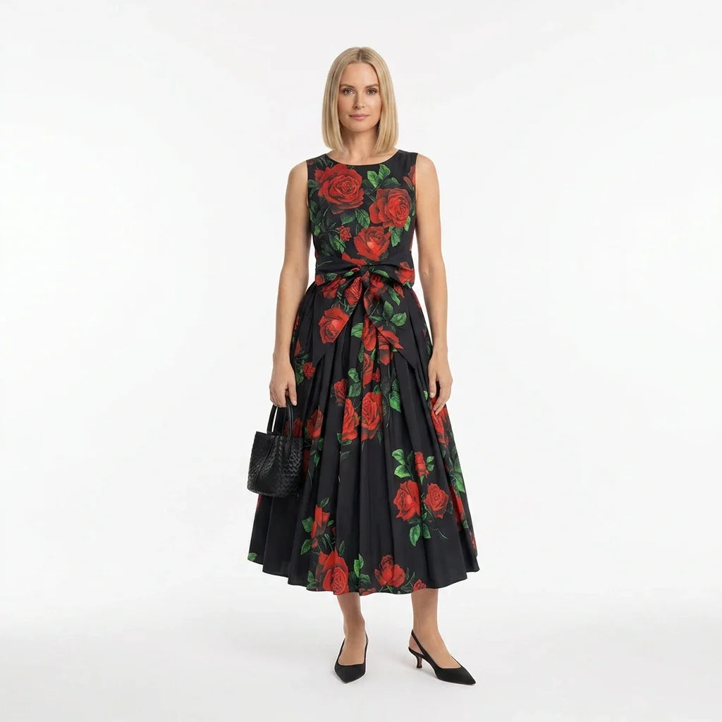 Red Roses Cotton Midi Dress with Bow Belt