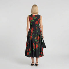 Red Roses Cotton Midi Dress with Bow Belt
