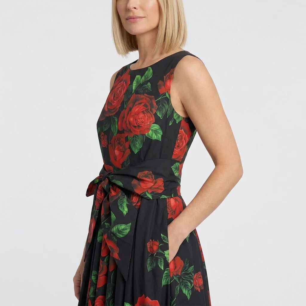 Red Roses Cotton Midi Dress with Bow Belt