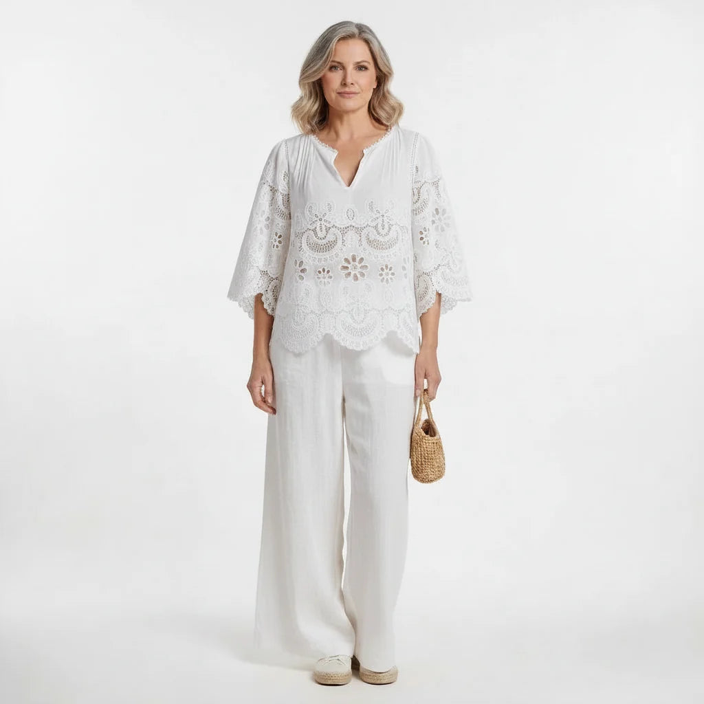 White Broderie Cotton Half Sleeve Top and Shorts Set