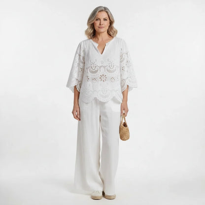 White Broderie Cotton Half Sleeve Top and Shorts Set