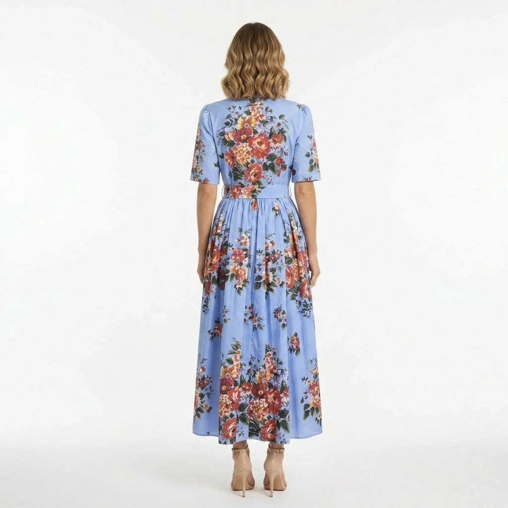 Floralia Italiana Blue Cotton Midi Shirt Dress