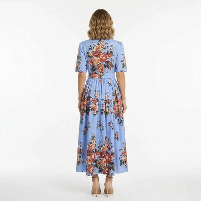 Floralia Italiana Blue Cotton Midi Shirt Dress