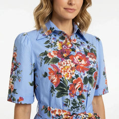 Floralia Italiana Blue Cotton Midi Shirt Dress