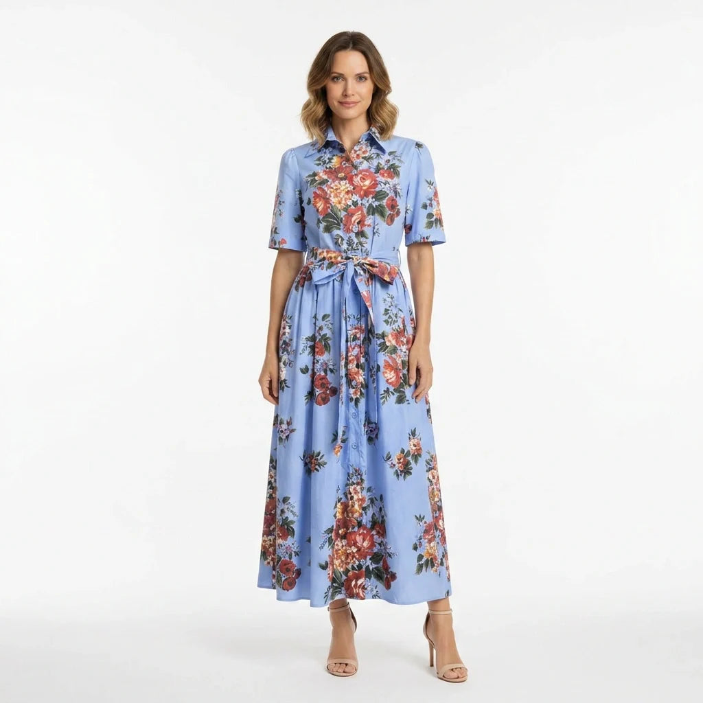 Floralia Italiana Blue Cotton Midi Shirt Dress