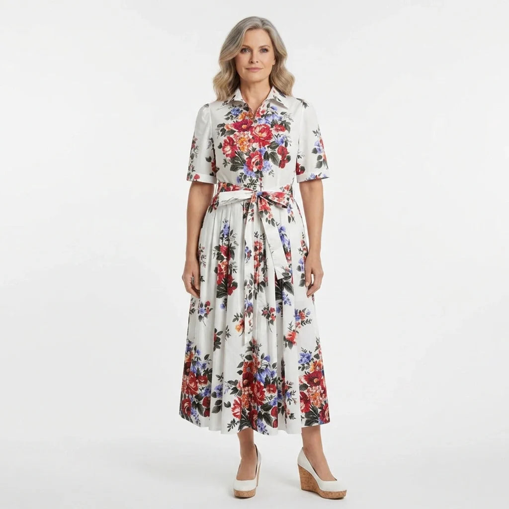 Floralia Italiana White Cotton Midi Shirt Dress