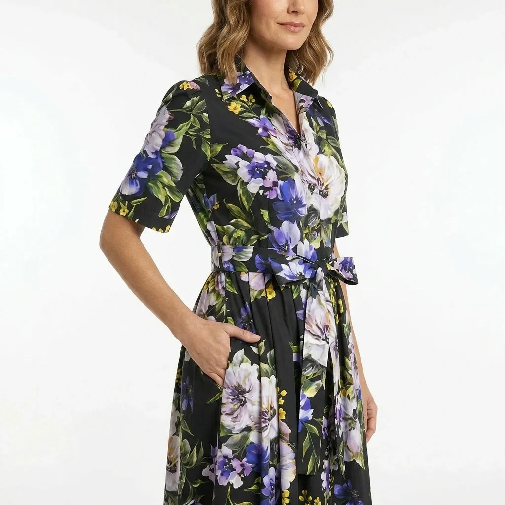 Italian Summer Black Floral Cotton Midi Shirt Dress