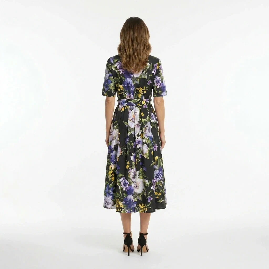 Italian Summer Black Floral Cotton Midi Shirt Dress