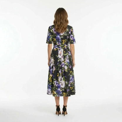Italian Summer Black Floral Cotton Midi Shirt Dress