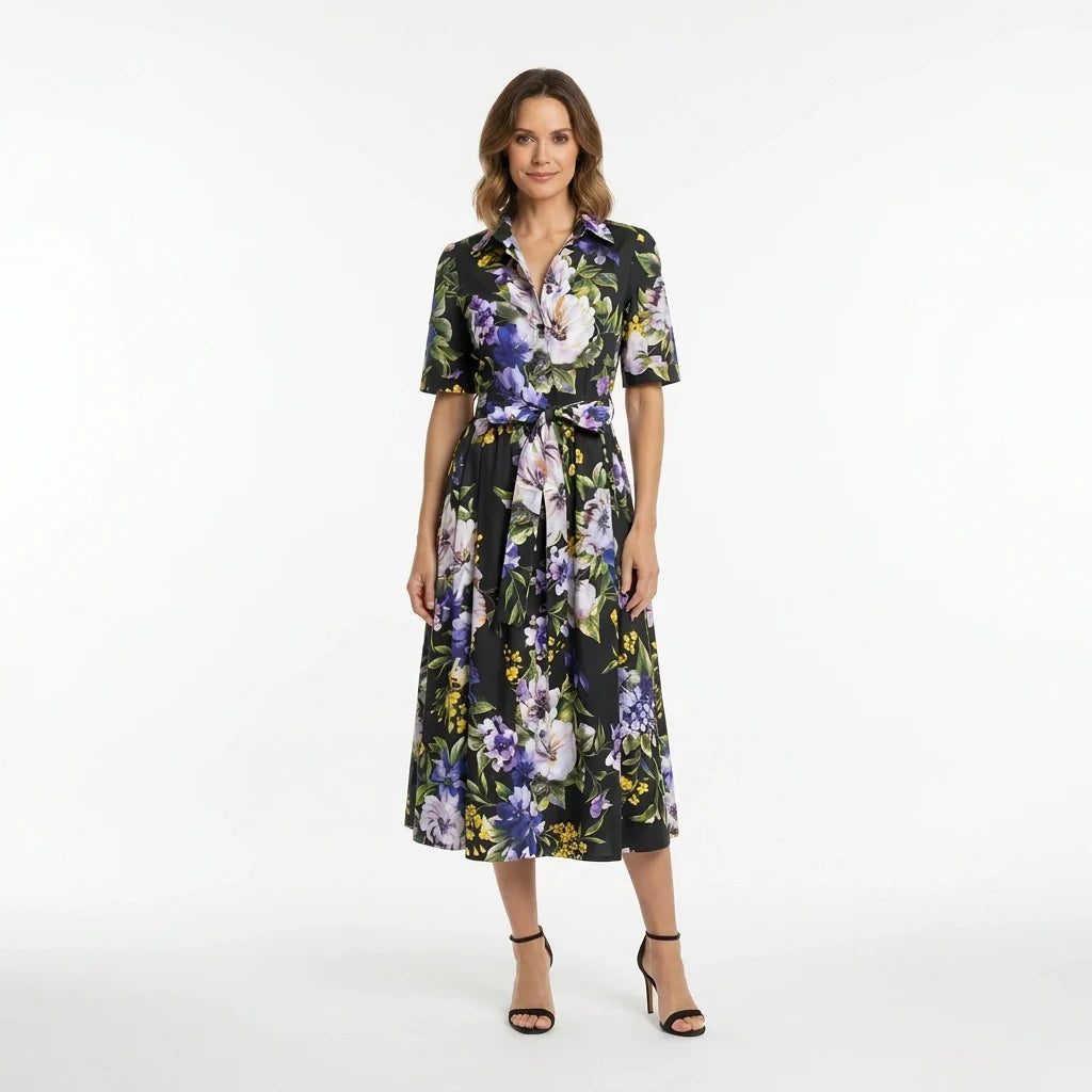 Italian Summer Black Floral Cotton Midi Shirt Dress
