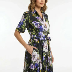 Italian Summer Black Floral Cotton Midi Shirt Dress