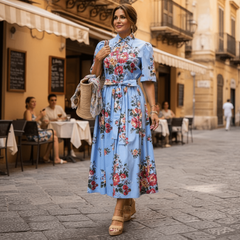 Floralia Italiana Blue Cotton Midi Shirt Dress