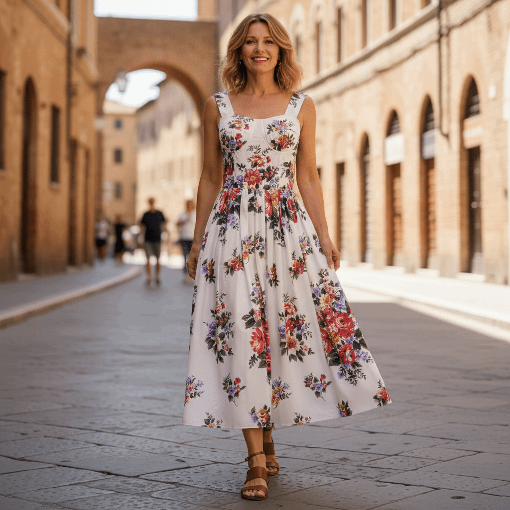 Floralia Italiana White Cotton Midi Dress with Padded Cups