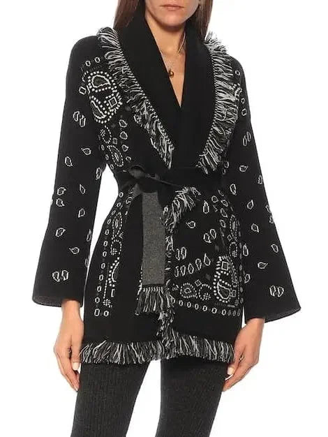 Fringed Bandana Cashmere Cardigan, Black