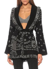 Fringed Bandana Cashmere Cardigan, Black