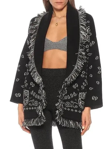Fringed Bandana Cashmere Cardigan, Black