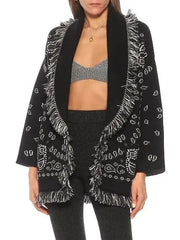 Fringed Bandana Cashmere Cardigan, Black