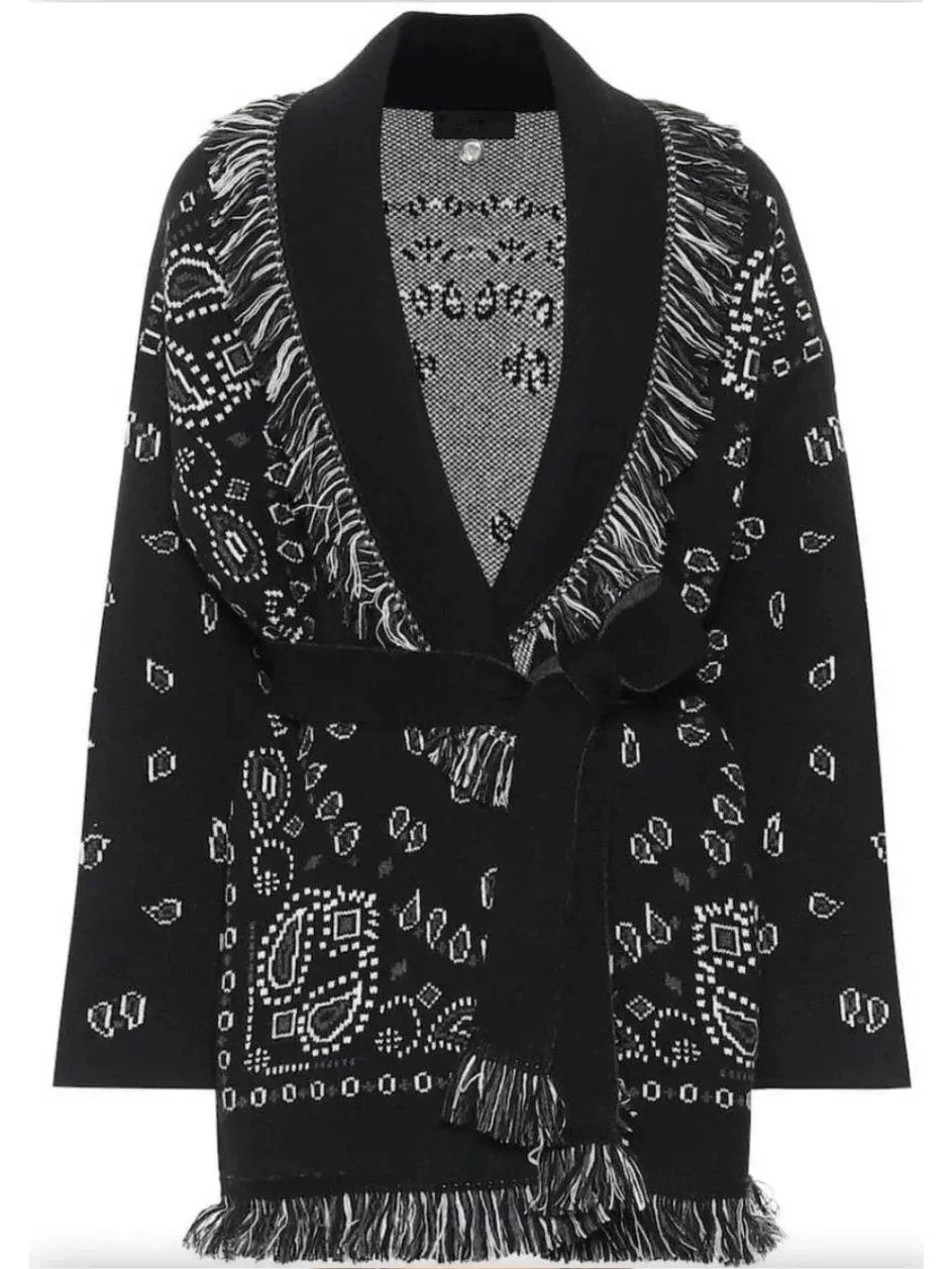 Fringed Bandana Cashmere Cardigan, Black
