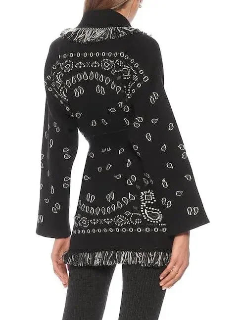 Fringed Bandana Cashmere Cardigan, Black