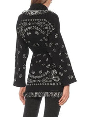 Fringed Bandana Cashmere Cardigan, Black