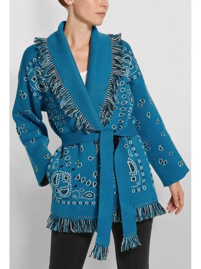 Fringed Bandana Print Cardigan, Blue