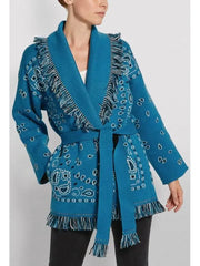 Fringed Bandana Print Cardigan, Blue