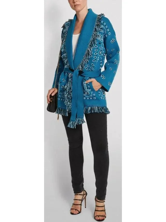 Fringed Bandana Print Cardigan, Blue