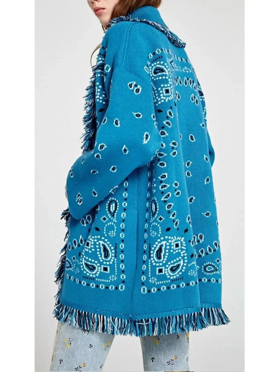 Fringed Bandana Print Cardigan, Blue
