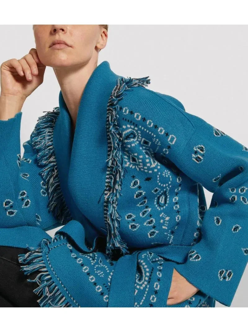 Fringed Bandana Print Cardigan, Blue
