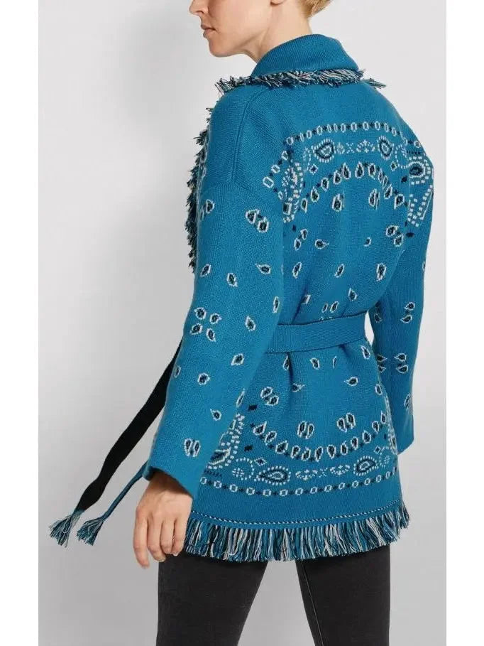 Fringed Bandana Print Cardigan, Blue