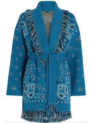 Fringed Bandana Print Cardigan, Blue