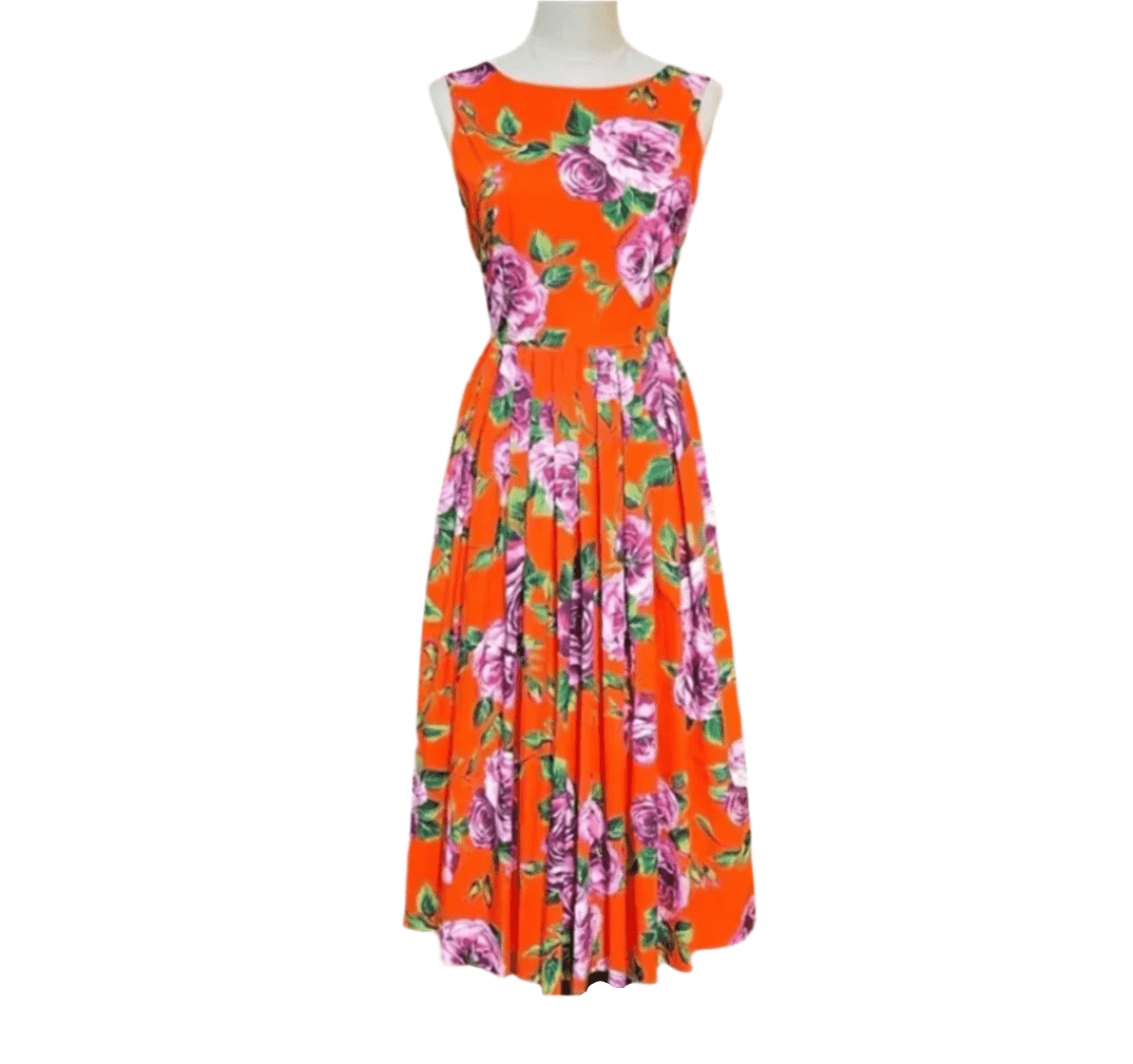 Orange cotton midi floral dress with low back