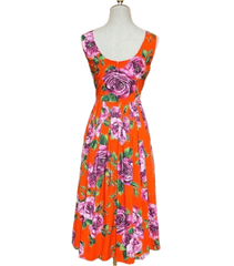 Orange cotton midi floral dress with low back