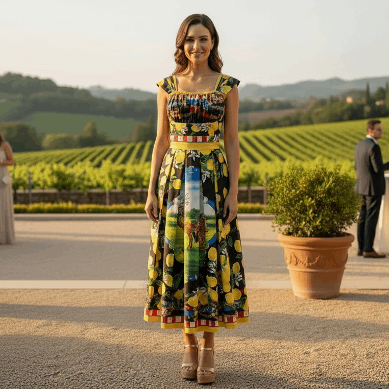 Sicilian Lemons Cotton Midi Dress