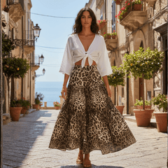 Italian Leo print 100% cotton maxi gathered skirt