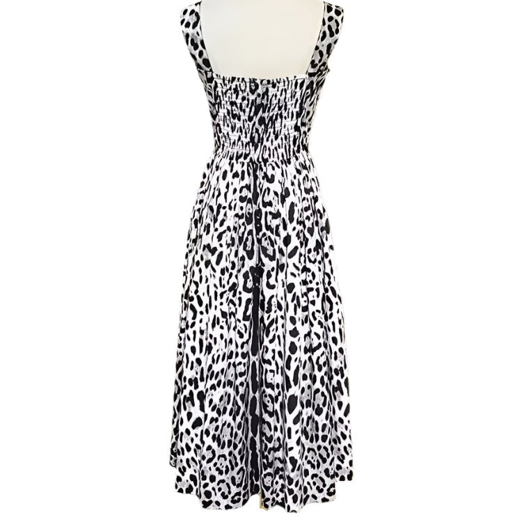 Cotton midi summer dress in grey leopard print