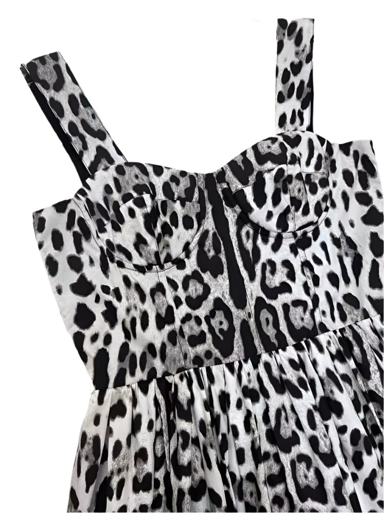 Cotton midi summer dress in grey leopard print