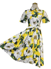 Cotton floral yellow shirt midi dress in white magnolia print