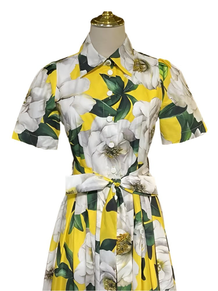 Cotton floral yellow shirt midi dress in white magnolia print
