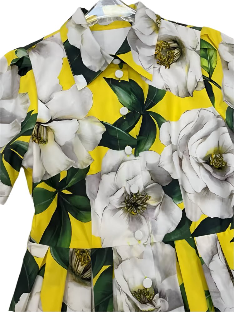 Cotton floral yellow shirt midi dress in white magnolia print