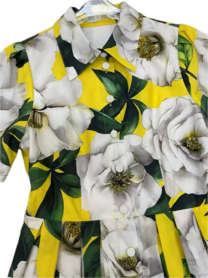 Cotton floral yellow shirt midi dress in white magnolia print