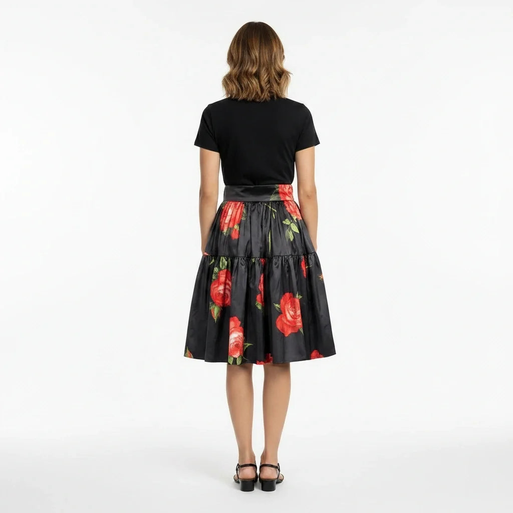 Midnight Roses Cotton Knee Length Skirt