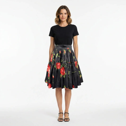 Midnight Roses Cotton Knee Length Skirt