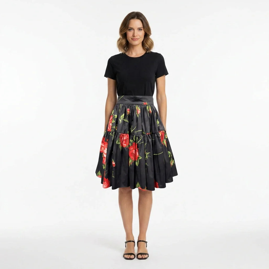 Midnight Roses Cotton Knee Length Skirt