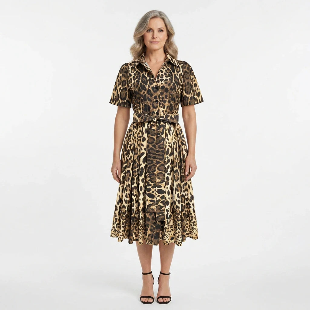 Leopard Print Cotton Midi Shirt Dress