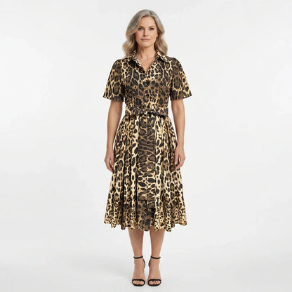 Leopard Print Cotton Midi Shirt Dress