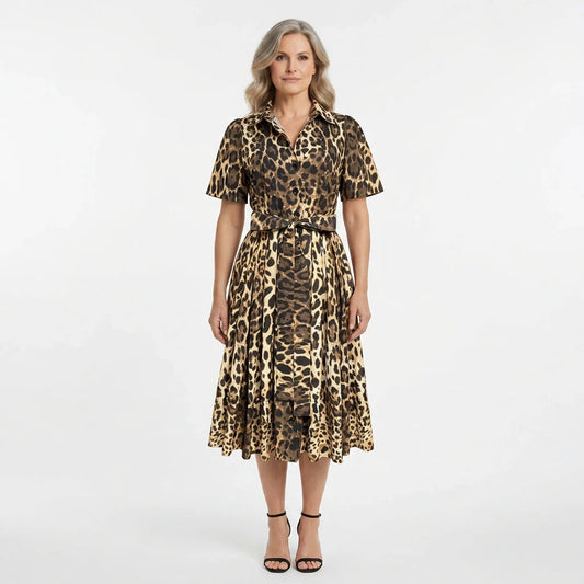 Leopard Print Cotton Midi Shirt Dress