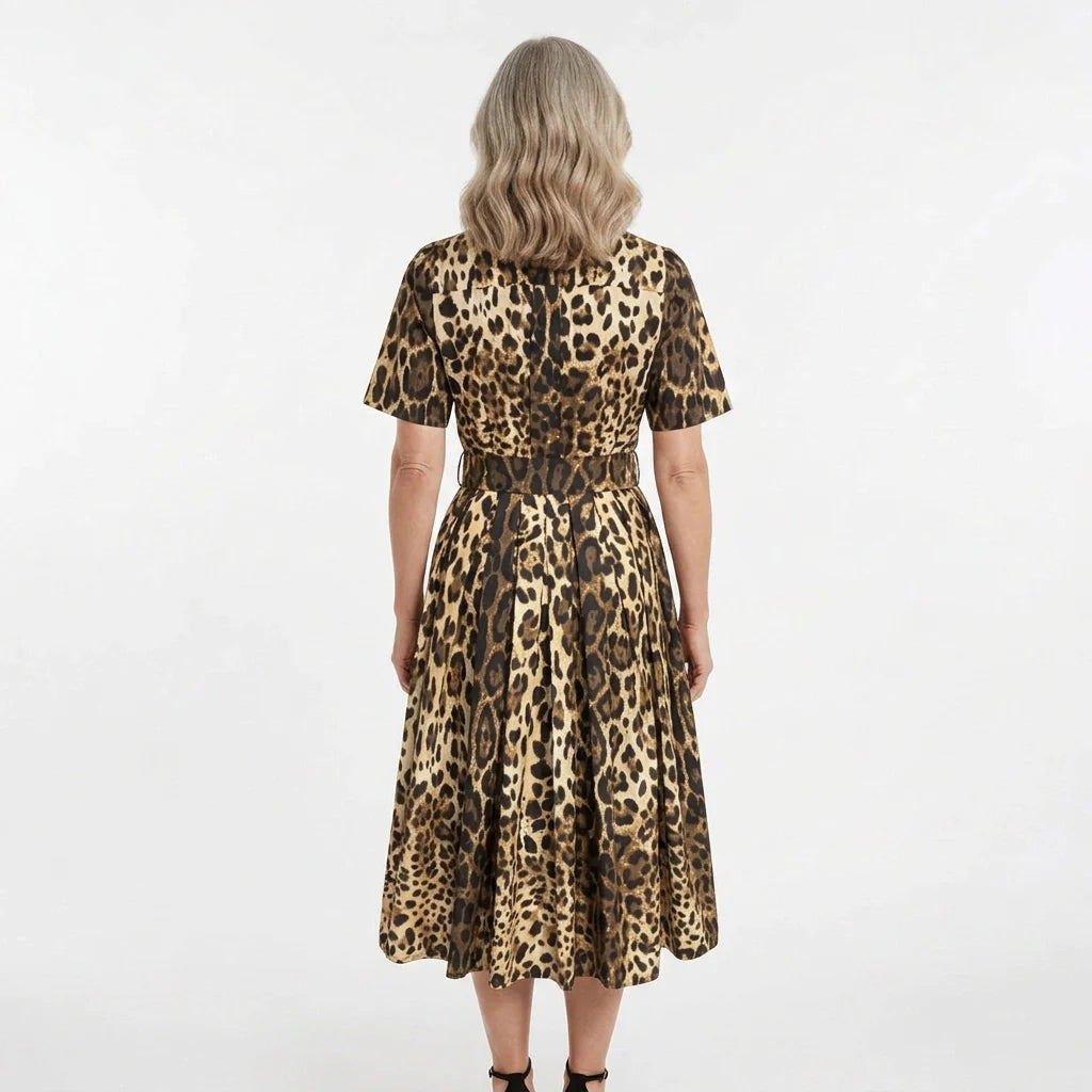 Leopard Print Cotton Midi Shirt Dress